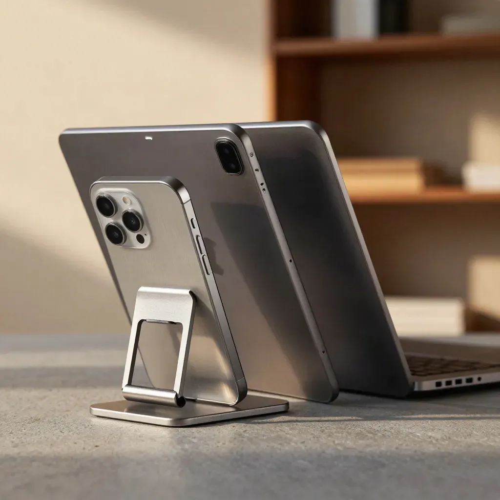 Device shells stacked by size on stone, lit by warm window light, for a responsive website concept.
