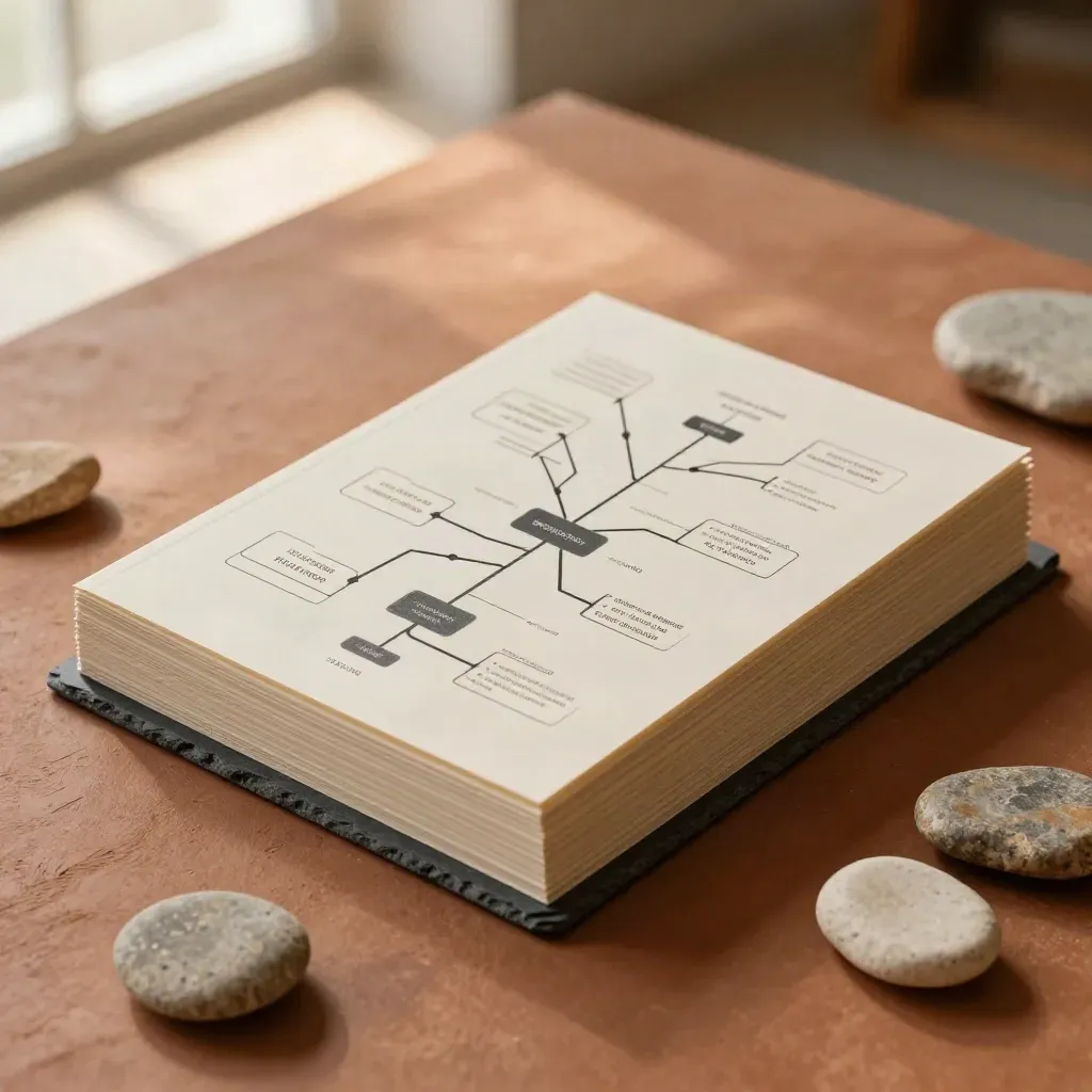 SEO sitemap blocks in terracotta light, layered cards and slate route markers