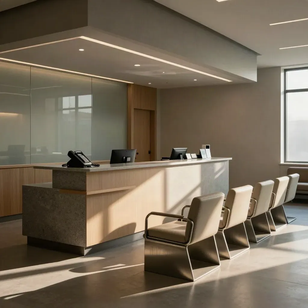 Moody Toronto clinic reception with chairs, phone, and check-in pedestal