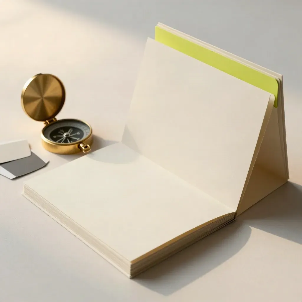 Blank divider cards, folders, compass, and color chips arranged as a site map kit.