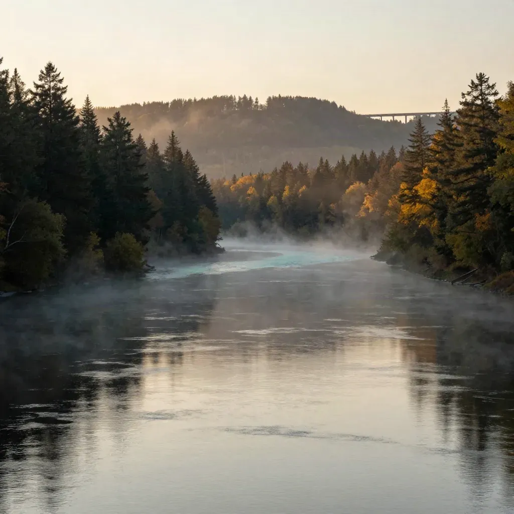 Ottawa Valley river mist at dawn with forested banks and a distant bridge line