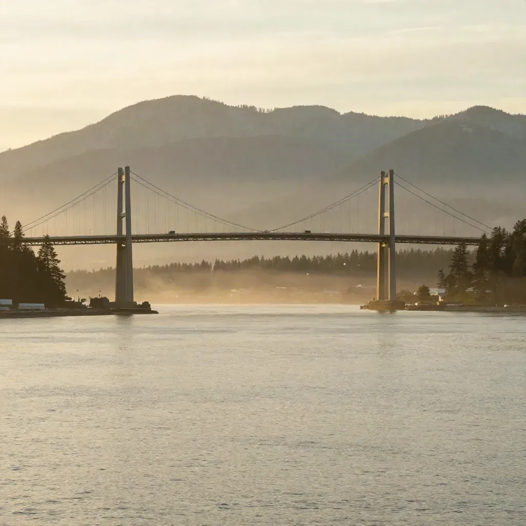 Metro Vancouver bridge and mountains in golden marine haze above calm water.