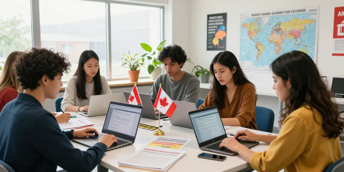Students collaborating on study permit extension Canada applications in a bright classroom.